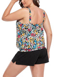 Small Floral Painting Loop Strap Blouson Tankini with Cargo Swim Short