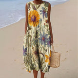 Women's Vintage Flower Art Print Sleeveless Cotton Pocket Wrap Dress