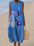Women's Vintage Fish Art Print Sleeveless Cotton Pocket Wrap Dress