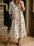 Women's Flower Bees Print Casual Loose-fit Cotton-linen Dress With Lace Trim And Paneling