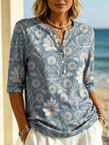 Women's Floral Pattern Art Print Casual Classic Henley Collar 100% Cotton T-shirt