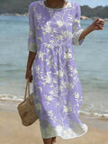 Women's Casual Solid Color Round Neck Mid-Sleeve Floral Print Cotton Linen Dress