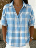 Casual Plaid Polo Collar Short-sleeved Linen And Cotton Shirt