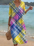 Bohemian-style Color-block Plaid Art Print Cotton-linen Dress