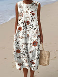 Women's Vintage Floral Pattern Art Print Sleeveless Cotton Pocket Wrap Dress