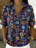 Women's Vintage Botanical Floral Casual Polo Collar Short-sleeved Linen And Cotton Shirt