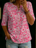 Women's Vintage Floral Art Print Cotton-linen Top With Henley Collar And Mid-length Sleeves