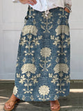 Women's Vintage Lovely Floral Art Print Casual Cotton Linen Pocket Skirt