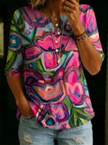 Women's Floral Pattern Art Print Casual Classic Henley Collar 100% Cotton T-shirt