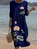 Women's Casual Round Neck Mid Sleeve Print Cotton and Linen Dress