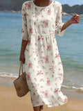 Women's Casual Solid Color Round Neck Mid-Sleeve Floral Print Cotton Linen Dress