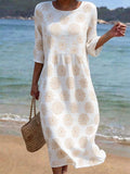 Women's Casual Round Neck Mid Sleeve Print Cotton and Linen Dress