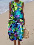 Women's Vintage Leaves Pattern Art Print Sleeveless Cotton Pocket Wrap Dress