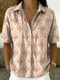 Retro Botanical & Geometric Print Cotton-linen Short-sleeve Shirt
