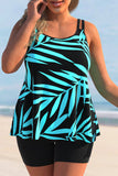 Plus Size Leaf Print Cyan Tankini Set