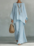 Women's Comfortable, Loose-fitting Linen And Cotton Top And Wide-leg Pants Two-piece Set