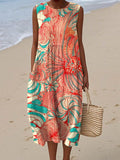 Women's Vintage Floral Pattern Art Print Sleeveless Cotton Pocket Wrap Dress