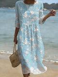 Women's Casual Solid Color Round Neck Mid-Sleeve Floral Print Cotton Linen Dress