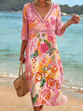 Colorful Graffiti Print Cutout V-neck Vacation Dress