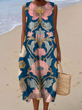 Women's Vintage Symmetry Flower Art Print Sleeveless Cotton Pocket Wrap Dress