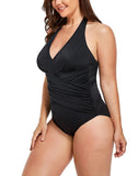 Black V-Neck Halter One Piece Swimsuit