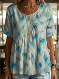 Geometric Linear Plaid Decorative Pattern Women's Round Collar Short Sleeve Cotton Shirt