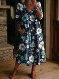 Women's Flower Print Casual Loose-fit Cotton-linen Dress With Lace Trim And Paneling