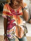 Women's Retro Color-block Floral Art Print Loose Cotton-linen Shirt