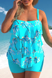 Coconut Tree Print Layered Hem Cyan Tankini Set