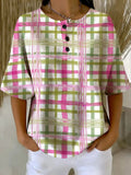 Women's Psychedelic Plaid Print Casual Waffle-knit Top