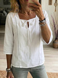 Women's Square-neck Ties Half-sleeve Cotton Shirt