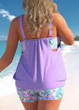 Plus Size Floral Print Light Purple Tankini Set