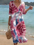 Bohemian Color-block Tie-dye Print Dress — V-neck, Cutout Details, And Cinched Waist