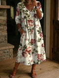 Women's Retro Flower Pattern Print Cotton-linen Dress