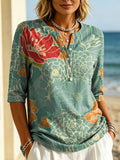 Women's Floral Pattern Art Print Casual Classic Henley Collar 100% Cotton T-shirt