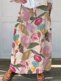 Women's Vintage Floral Art Print Linen Pocket Skirt