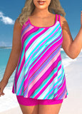 Striped Plus Size Rose Red Double Straps Tankini Set