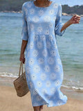 Women's Casual Round Neck Mid Sleeve Print Cotton and Linen Dress