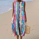 Women's Colorful Dot Line Art Print Sleeveless Cotton Pocket Wrap Dress