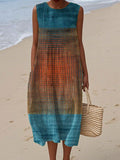 Women's Vintage Abstract Geometry Art Print Sleeveless Cotton Pocket Wrap Dress