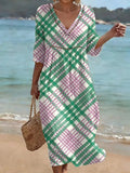 Bohemian-style Color-block Plaid Art Print Cotton-linen Dress