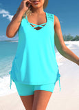 Plus Size Lace Stitching Cyan Tankini Set