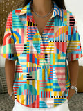 Women's Retro Color-block Striped Loose-fit Cotton-linen Short-sleeve Shirt