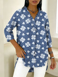 Denim Four-leaf Clover Decorative Pattern Women's Casual V Collar 3/4 Sleeve Shirt