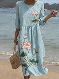 Women's Casual Round Neck Mid Sleeve Print Cotton and Linen Dress
