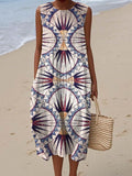 Women's Vintage Geometric Pattern Art Print Sleeveless Cotton Pocket Wrap Dress