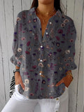 Women's Vintage Flowers Art Print Casual Linen V-neck Shirt