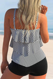 Striped Layered Hem Black Tankini Set