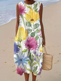 Women's Vintage Flower Art Print Sleeveless Cotton Pocket Wrap Dress