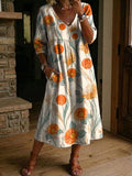 Women's Flower Print Casual Loose-fit Cotton-linen Dress With Lace Trim And Paneling